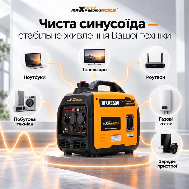 Генератор бензиновий інверторний 3.0 / 3.3 кВт MaXpeedingRODS MXR3500 230 В, 4 л, ECO, ручний запуск - зображення 3
