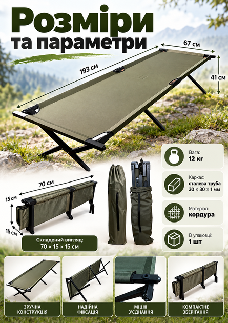 Усиленная армейская раскладушка Senya 193×67×41 см до 250 кг со стальным каркасом и тканью Оксфорд оливковая - изображение 4