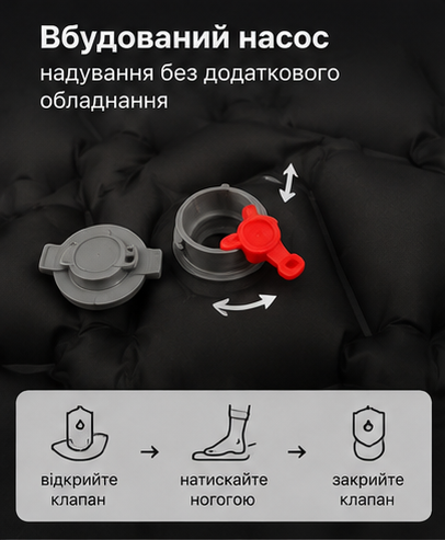Надувний туристичний каремат чорний 185×60×6 см із вбудованим насосом і подушкою - зображення 3