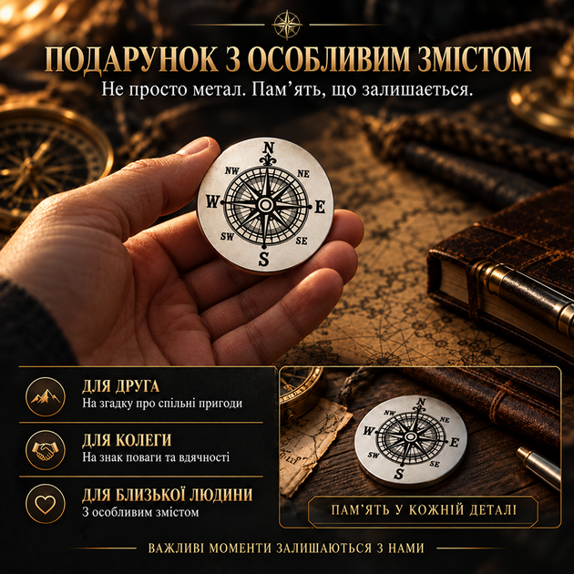 Сувенірна монета 50х3 мм з нержавіючої сталі з гравіюванням компаса Сталь (232001) - зображення 6