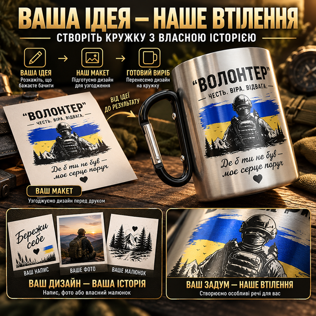 Термокружка 400 мл 100х80 мм з карабіном та кольоровим термодруком "Волонтер" Чорний карабін (232101) - зображення 7