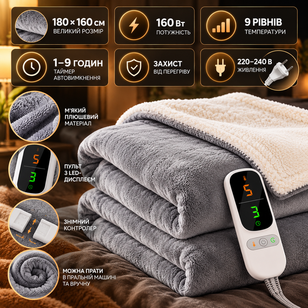 Электроодеяло MalTec CozyHeat 160 Вт 180×160 см 9 уровней температуры Одеяло с подогревом и таймером на 1–9 часов - изображение 3