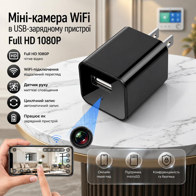 Wi-Fi камера видеонаблюдения в USB-зарядном устройстве Full HD 1080P, датчик движения, онлайн-просмотр, MicroSD - изображение 2