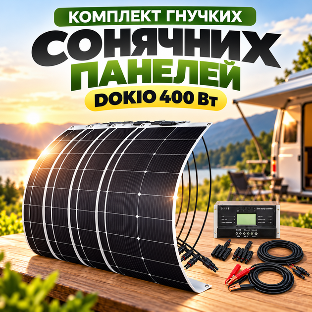 Комплект Сонячних панелів з контролером DOKIO 400 Вт Сонячні панелі гнучкі - Фото 1 Комплект Сонячних панелів з контролером DOKIO 400 Вт Сонячні панелі гнучкі - зображення 1