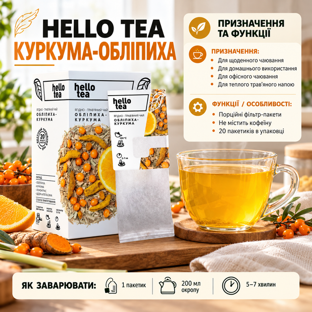 Чай травяной Hello Tea Куркума Облепиха 20 фильтр пакетов без кофеина с лемонграссом апельсиновой цедрой для ежедневного употребления - Фото 4 Чай травяной Hello Tea Куркума Облепиха 20 фильтр пакетов без кофеина с лемонграссом апельсиновой цедрой для ежедневного употребления - изображение 4