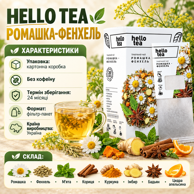 Чай травяной Hello Tea Ромашка Фенхель без кофеина с мятой корицей куркумой имбирем бадьяном апельсиновой цедрой - изображение 3