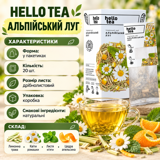 Чай трав'яний Hello Tea Альпійський луг 20 пакетиків дрібнолистовий з лимонною травою ромашкою м'ятою апельсиновою цедрою натуральний - зображення 3