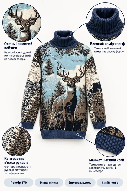 Светр зимовий в’язаний Winter Deer з оленями синій 170 см - изображение 3