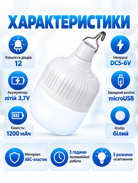 Led лампа з акумулятором для кемпінгу, лампа аварійна - Фото 3 Led лампа з акумулятором для кемпінгу, лампа аварійна - изображение 3