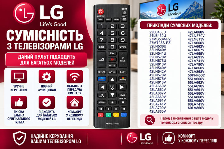 Пульт дистанційного керування для телевізора LG модель LG AKB73715669 - Фото 2 Пульт дистанційного керування для телевізора LG модель LG AKB73715669 - изображение 2