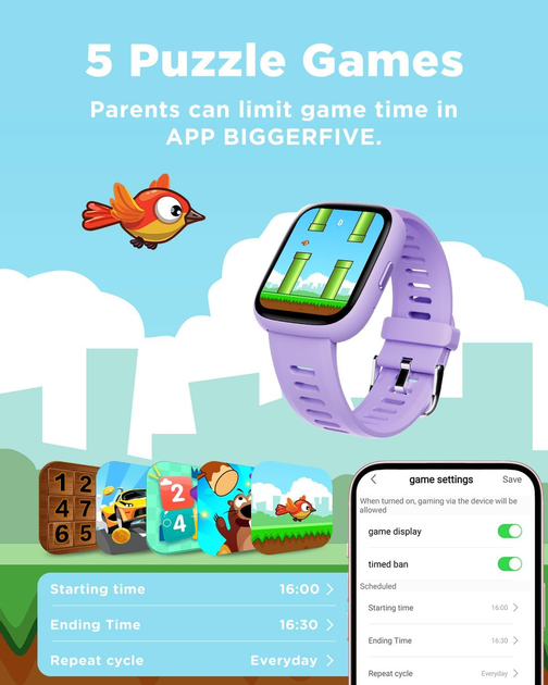 Дитячий смартгодинник VERFIT 01 1,83″ HD, Find My для iOS, 80 спортивних режимів, пульс, SpO2, 5 ігор, IP68, фіолетовий - зображення 7
