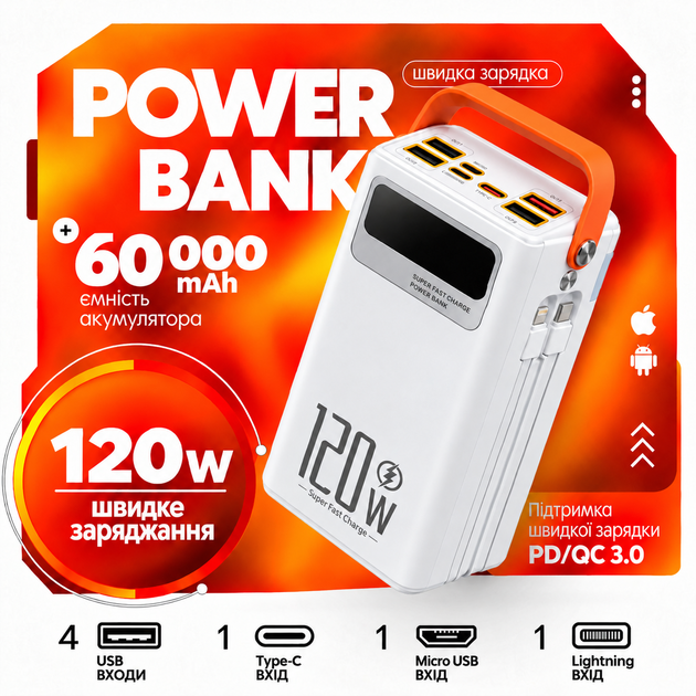 УМБ павербанк батарея powerbank 60000 mAh 120W Fast charge швидка зарядка з ліхтариком Kayfovo QR-26 - Фото 1 УМБ павербанк батарея powerbank 60000 mAh 120W Fast charge швидка зарядка з ліхтариком Kayfovo QR-26 - изображение 1