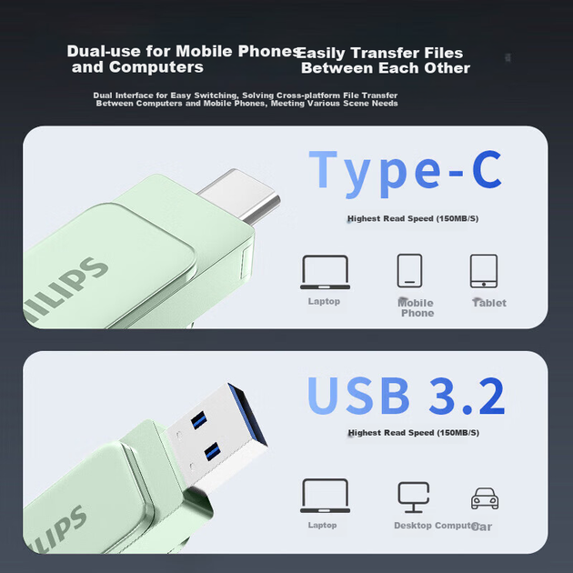 Флеш-накопитель PHILIPS 32 ГБ Type-C USB 3.2 с двойным интерфейсом, 61UT-D, мятно-зеленый, высокоскоростное чтение и запись, прочный USB-накопитель для бизнеса, офиса и учебы. - Фото 4 Флеш-накопитель PHILIPS 32 ГБ Type-C USB 3.2 с двойным интерфейсом, 61UT-D, мятно-зеленый, высокоскоростное чтение и запись, прочный USB-накопитель для бизнеса, офиса и учебы. - изображение 4
