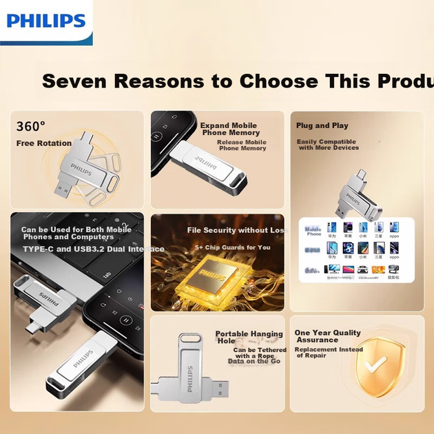 Флеш-накопичувач PHILIPS 64 ГБ типу C USB 3.2 з двома інтерфейсами для телефону, високошвидкісний USB-накопичувач 61UT-F з двома головками, сумісний з Android, Apple та ноутбуками - Фото 8 Флеш-накопичувач PHILIPS 64 ГБ типу C USB 3.2 з двома інтерфейсами для телефону, високошвидкісний USB-накопичувач 61UT-F з двома головками, сумісний з Android, Apple та ноутбуками - изображение 8