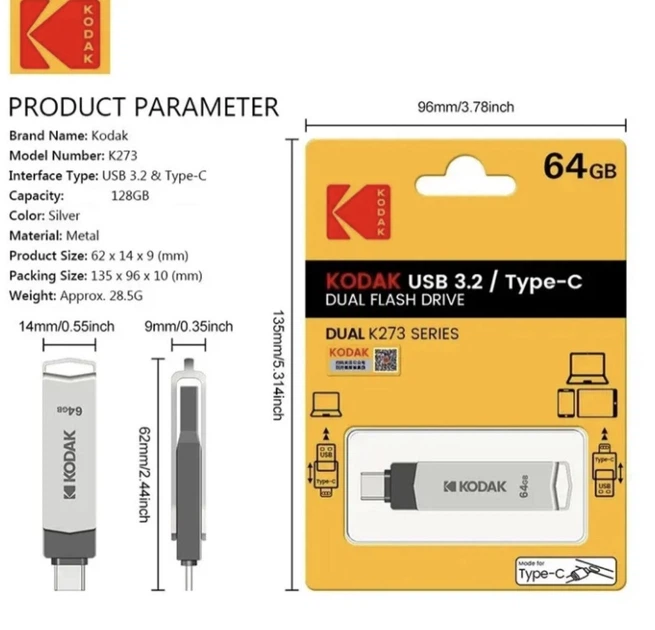 Флешка USB 2 в 1 Kodak 128GB Type-C USB 3.2 для телефона и компьютера супер быстрая! - Фото 2 Флешка USB 2 в 1 Kodak 128GB Type-C USB 3.2 для телефона и компьютера супер быстрая! - изображение 2
