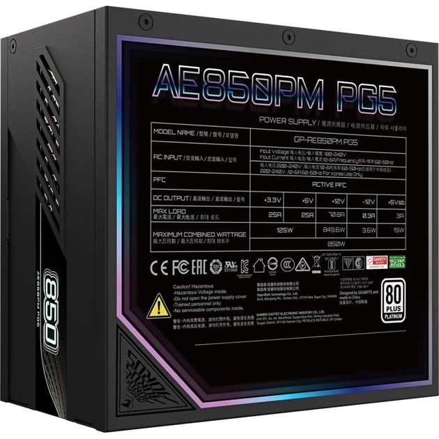 Блок питания Gigabyte Aorus Elite Platinum ATX 3.1 850 Вт (4719331554262) - изображение 5