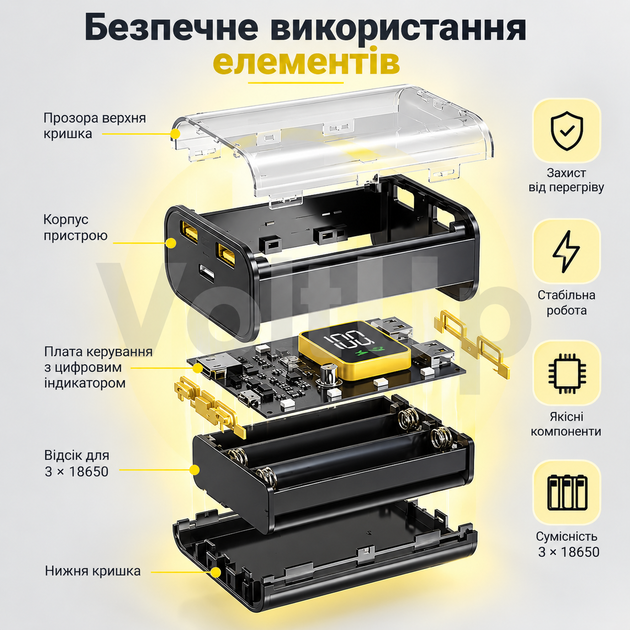 Прозорий DIY корпус для Power Bank 3×18650 з LED лампою • Micro USB + Type-C, 2 USB виходи, заряджання 10 Вт, без акумуляторів - зображення 3