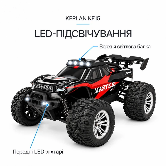 Радиоуправляемый монстр-трак KFPLAN KF15 1:16 4WD, 2 аккумулятора, чёрный с красным + батарейки в подарок - изображение 2