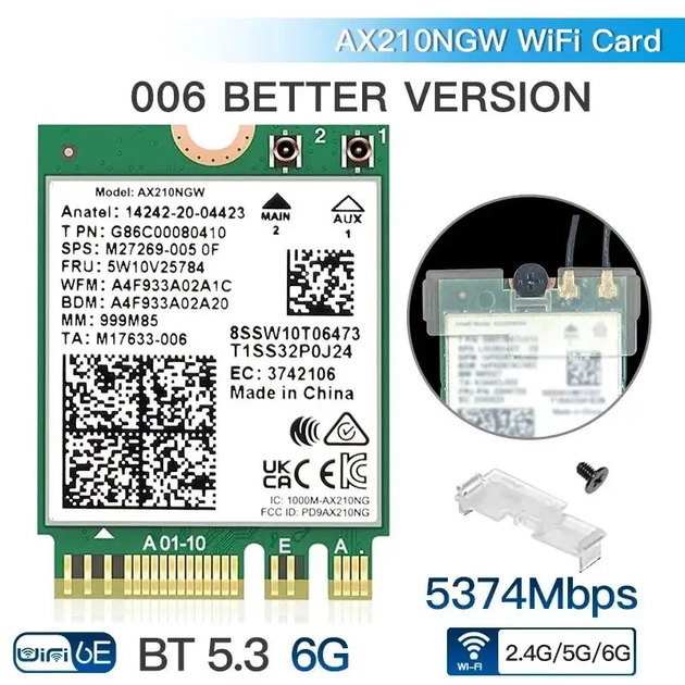Бездротовий адаптер Intel Wi-Fi 6E + Bluetooth 5.3 Intel AX210NGW (M.2 NGFF) - зображення 3