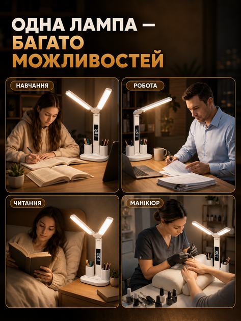 LED лампа настольная аккумуляторная складная светильник для учебы чтения работы школьника офиса дома детской с 2 поворотными плафонами сенсорным управлением регулировкой яркости 3 режимами света 3000 6500 K USB зарядкой держателем телефона 5 Вт белая - изображение 9