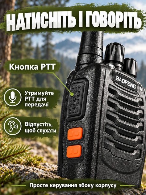 Комплект рацій Baofeng BF-888S 2 шт портативні рації радіостанція UHF 400–470 МГц 16 каналів 5 Вт з акумулятором 1500 mAh гарнітура зарядний пристрій VOX скануванням ліхтарем для охорони будівництва складу полювання риболовлі походів чорний - Фото 2 Комплект рацій Baofeng BF-888S 2 шт портативні рації радіостанція UHF 400–470 МГц 16 каналів 5 Вт з акумулятором 1500 mAh гарнітура зарядний пристрій VOX скануванням ліхтарем для охорони будівництва складу полювання риболовлі походів чорний - зображення 2