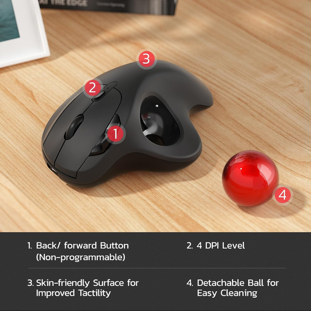 Беспроводная трекбол-мышь Nulea M501 Bluetooth 2,4 ГГц, 4 уровня DPI, 6 кнопок, аккумулятор, управление большим пальцем, красная - изображение 8