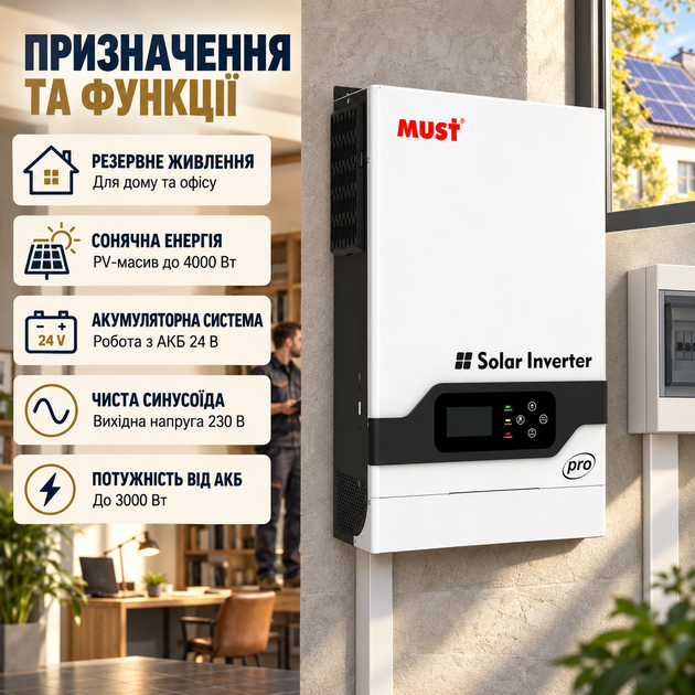 Инвертор гибридный солнечный MUST PV18-3624 PRO 3600 Вт 24 В MPPT 100 А чистая синусоида 230 В для солнечных панелей аккумуляторов резервного питания дома квартиры офиса с LCD дисплеем и двумя выходами - Фото 3 Инвертор гибридный солнечный MUST PV18-3624 PRO 3600 Вт 24 В MPPT 100 А чистая синусоида 230 В для солнечных панелей аккумуляторов резервного питания дома квартиры офиса с LCD дисплеем и двумя выходами - изображение 3