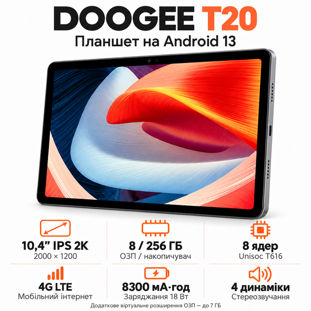 Планшет 10.4" DOOGEE T20 8+7/256GB LTE Android 13 8300mAh - изображение 4