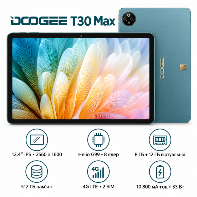 Планшет 12,4″ 2.5K DOOGEE T30 Max 8+12/512 ГБ LTE Dual SIM Android 14 10 800 мА·год, колір морської хвилі - изображение 2