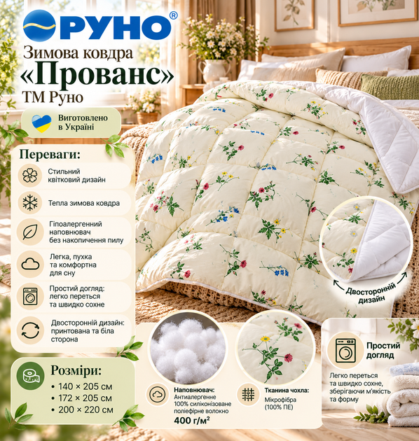 Одеяло Руно Зимнее Евро 200x220 Антиаллергенное волокно Прованс (322.52_Прованс) - изображение 4
