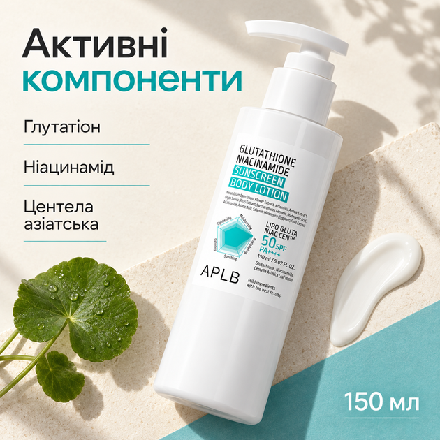Солнцезащитный лосьон для тела с глутатионом и ниацинамидом APLB Glutathione Niacinamide Sunscreen Body Lotion SPF50+ PA++++, 150 мл 8809874686042 - изображение 3
