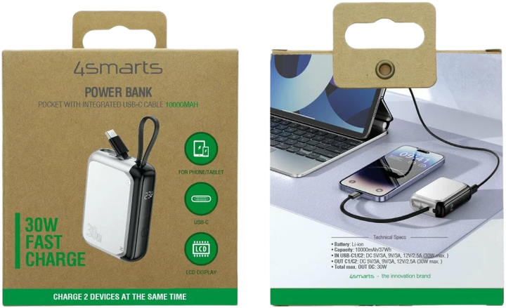 УМБ 4smarts Pocket 10000 mAh 30 W з вбудованим кабелем USB-C 15 см Silver (4252011908660) - Фото 4 УМБ 4smarts Pocket 10000 mAh 30 W з вбудованим кабелем USB-C 15 см Silver (4252011908660) - зображення 4