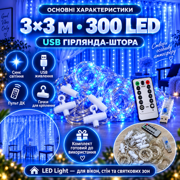 LED гирлянда штора для дома 3х3 м Гирлянда на окно 300 LED от USB Синий Гирлянда штора водопад - изображение 8