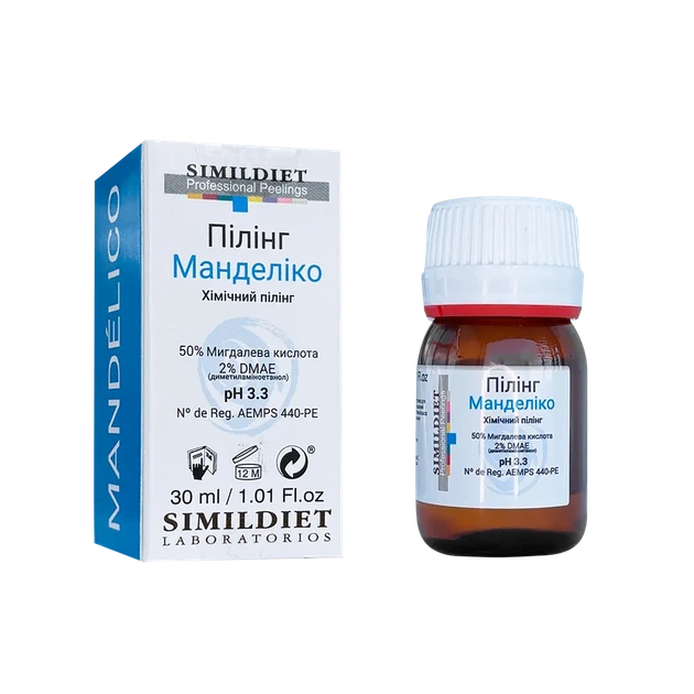 Хімічний пілінг Simildiet Mandelico Peeling з мигдалевою кислотою 50% і ДМАЕ 2%, 30 мл - Фото 1 Хімічний пілінг Simildiet Mandelico Peeling з мигдалевою кислотою 50% і ДМАЕ 2%, 30 мл - зображення 1