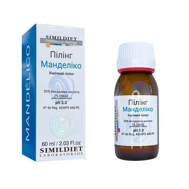 Хімічний пілінг Simildiet Mandelico Peeling з мигдалевою кислотою 50% і ДМАЕ 2%, 60 мл - Фото 1 Хімічний пілінг Simildiet Mandelico Peeling з мигдалевою кислотою 50% і ДМАЕ 2%, 60 мл - зображення 1