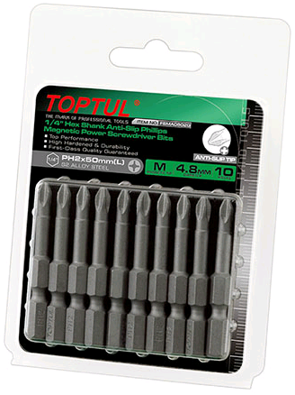 Комплект бит для шуруповертов магнитных 10шт 1/4" 50мм PH2 Anti-Slip Toptul (hoz0007969) - Фото 1 Комплект бит для шуруповертов магнитных 10шт 1/4" 50мм PH2 Anti-Slip Toptul (hoz0007969) - изображение 1