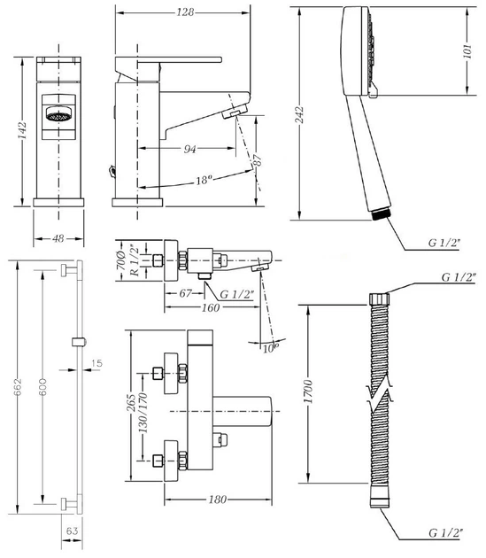 Набір для ванної зі штангою GENEBRE Kenjo 04KEV17 (163745+10013560+ 63100264567+6313026466+ DXK345) - изображение 2