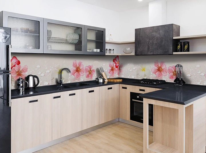Кухонный фартук на стену Крупные Цветы и капли Воды (наклейка для кухни ПВХ пленка скинали) роса Бежевый 60х200 см - Фото 4 Кухонный фартук на стену Крупные Цветы и капли Воды (наклейка для кухни ПВХ пленка скинали) роса Бежевый 60х200 см - изображение 4