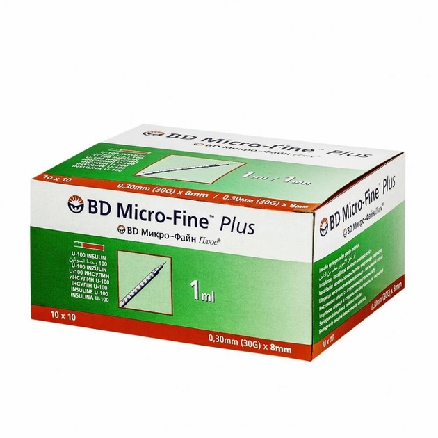 Шприцы инсулиновые Becton Dickinson Micro-Fine Plus U-100 (1мл на 8мм), 100 шт. - изображение 1