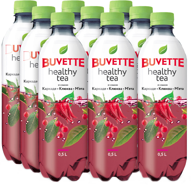 Упаковка напитка Buvette безалкогольного сокосодержащего негазированного Healthy Tea со вкусом каркаде-клюквы мяты 0.5 л 9 шт (4820115402126) 