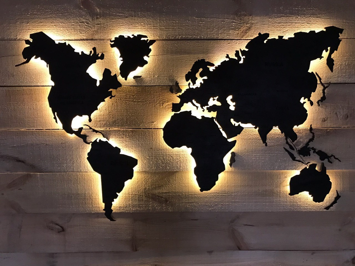 Деревянная карта Мира с подсветкой (Теплая) Led Map 1000х600 мм Черная ...