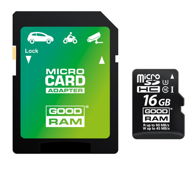 Карта памяти MicroSDHC 16GB UHS-I/U3 Class 10 GoodRam + SD-adapter R90/W45MB/s (M3AA-0160R11-DD)