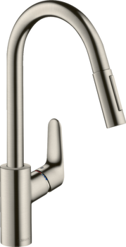 Смеситель-кран кухонный HANSGROHE Focus сталь 31815800 с выдвижным изливом 2 режима