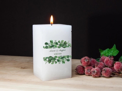 Декоративна свеча Didiart для свадьбы в стиле Greenery с именной надписью квадратная белая 7x10 см