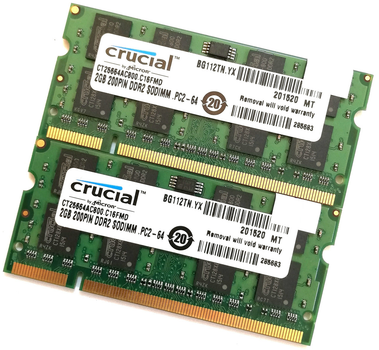 Пара оперативной памяти для ноутбука Crucial SOD DDR2 4Gb (2Gb+2Gb) 800MHz 6400s CL6 (CT25664AC800.C16FMD) Б/У