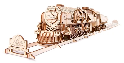 Механический деревянный 3D пазл Ugears Локомотив c тендером V-Экспресс из фанеры (70058)