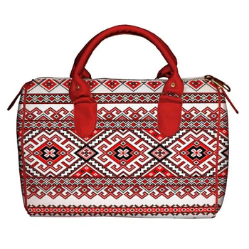 Сумка бочонок Barrel Украинский красный орнамент с красными ручками 28x18x17 см