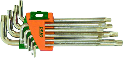 Комплект ключей Torx с отверстием Grad средние 9 предметов, Т10-Т50, Cr-V (4022285)