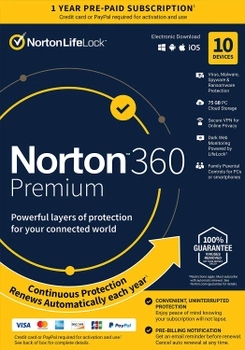 Антивирус Norton 360 Premium 75GB для 10 ПК на 1 год ESD-электронный ключ в конверте (21409567)
