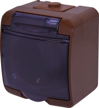 Розетка одинарна IP54 з з/к ETI RHE-1sd-KR Коричнева з кришкою прозорою 4668051 (зовнішня)